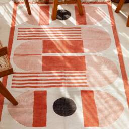 Hand Block Printed Cotton Rug Terracotta & Black Geometric Rug - Boho Modern Decor - thumbnail 4