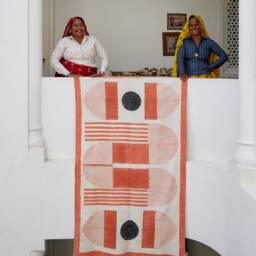 Hand Block Printed Cotton Rug Terracotta & Black Geometric Rug - Boho Modern Decor - thumbnail 3