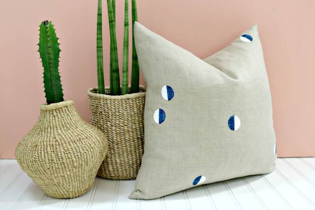 Beige Linen Pillow With Blue & White Confetti Dots // Block Printed Navy Electric Bauhaus Half Moons Bedding Accent Cushion Cover Tan - image 1