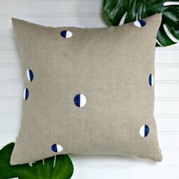 Beige Linen Pillow With Blue & White Confetti Dots // Block Printed Navy Electric Bauhaus Half Moons Bedding Accent Cushion Cover Tan - thumbnail 2