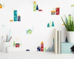 Colorful City Decals, Cute Town Nursery Modern Wall Unique Decor, Trees Building & Car Decals - thumbnail 1