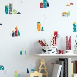 Colorful City Decals, Cute Town Nursery Modern Wall Unique Decor, Trees Building & Car Decals - thumbnail 2