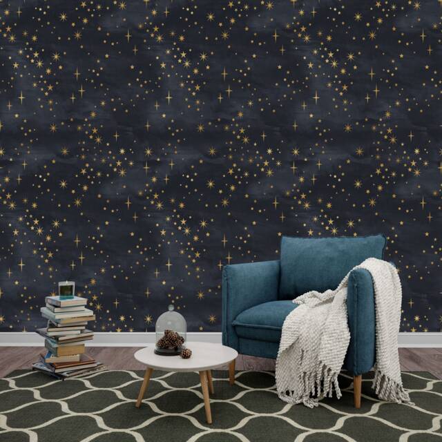 Starry Night Wallpaper Mural, Shining Stars, Black & Gold, Peel Stick - image 1