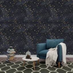Starry Night Wallpaper Mural, Shining Stars, Black & Gold, Peel Stick