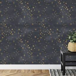 Starry Night Wallpaper Mural, Shining Stars, Black & Gold, Peel Stick - thumbnail 3