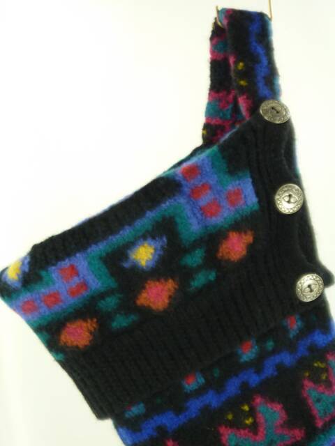 Christmas Stocking Wool Felt Black Geometric Shapes Metal Buttons Red Blue Yellow Green Orange, Llbean Sweater Recycled Repurposed 979 - image 1