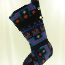 Christmas Stocking Wool Felt Black Geometric Shapes Metal Buttons Red Blue Yellow Green Orange, Llbean Sweater Recycled Repurposed 979 - thumbnail 2