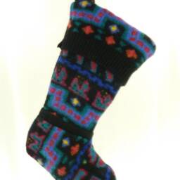 Christmas Stocking Wool Felt Black Geometric Shapes Metal Buttons Red Blue Yellow Green Orange, Llbean Sweater Recycled Repurposed 979 - thumbnail 3
