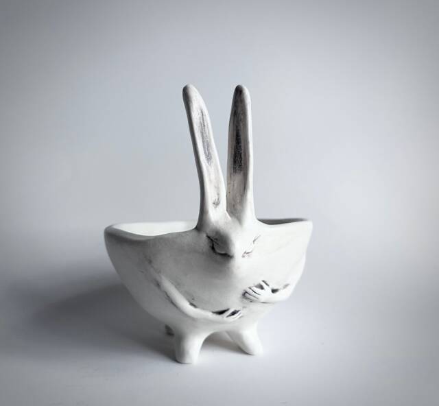 Rabbit Planter With Hands - Succulent Planter- Porcelain White - image 1