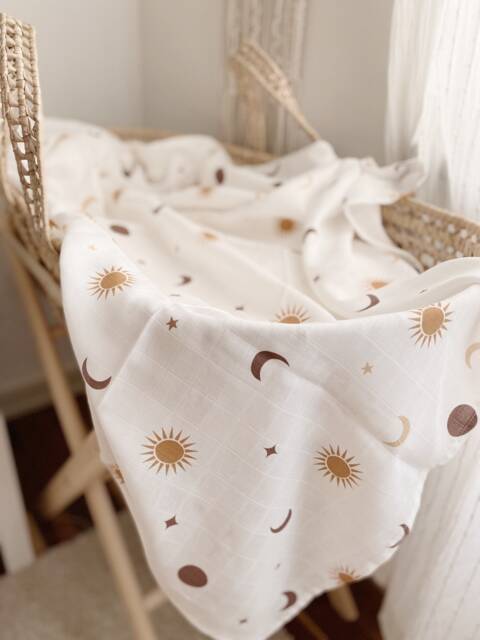 Moon & Sun Muslin Swaddle, 100 X cm Baby 2 Layer Blanket, Cotton Boho Gift - image 1