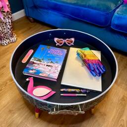 Round Coffee Table , Art Deco Cheetah Leopard Design. Hot Pink & Gold Glitter. Table, Lift Off Top For Storage. End Lounge - thumbnail 4