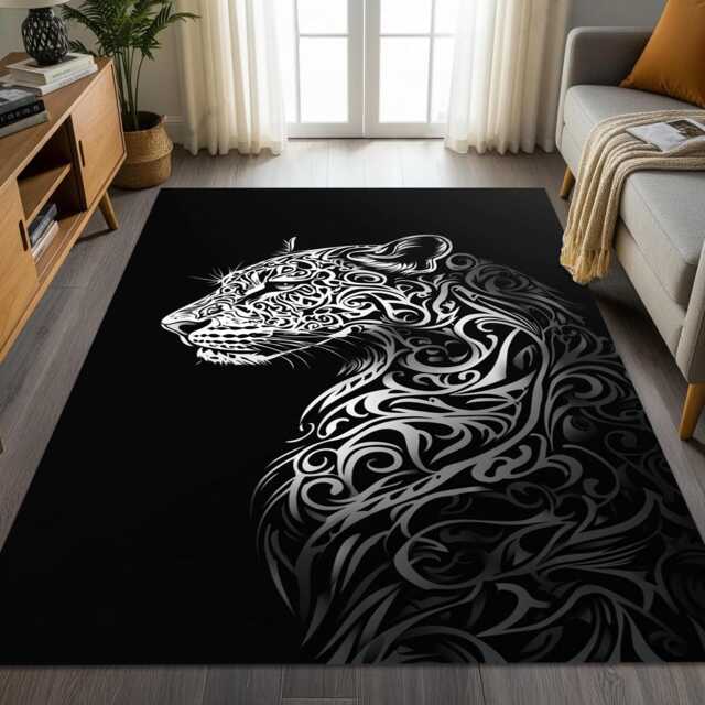 Tribal Leopard Black & White Rug - Modern Animal Pattern Tile Mat Decorative Area Carpet - image 1