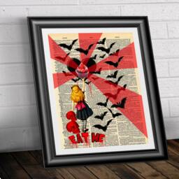 Art Print On Antique Dictionary Book Page. Gothic Alice in Wonderland Wall Art. Steampunk Emo Art Vintage Page Dark Bats Skull - thumbnail 2