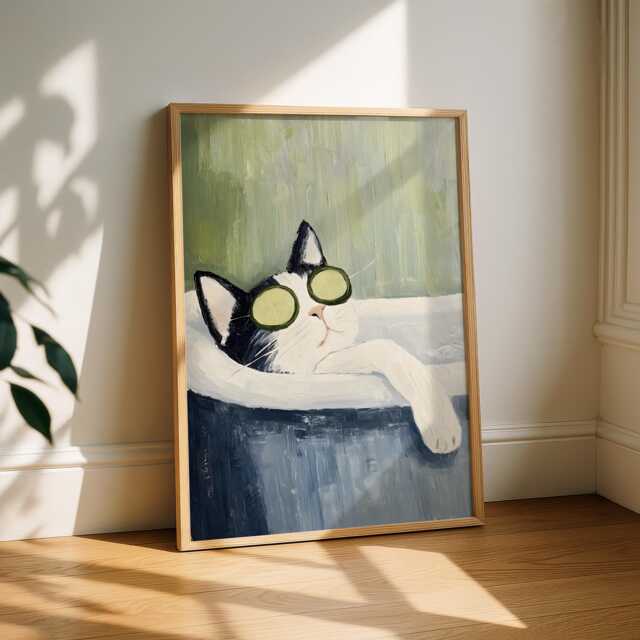 Black Tuxedo Cat Bathroom Print - Funny Spa Wall Art, Relaxing Bath Poster, Oil Painting Style Pet Decor, Gift, Dark Humour Art