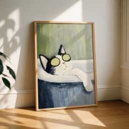 Black Tuxedo Cat Bathroom Print - Funny Spa Wall Art, Relaxing Bath Poster, Oil Painting Style Pet Decor, Gift, Dark Humour Art - thumbnail 1
