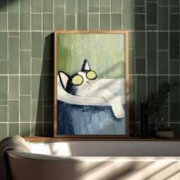 Black Tuxedo Cat Bathroom Print - Funny Spa Wall Art, Relaxing Bath Poster, Oil Painting Style Pet Decor, Gift, Dark Humour Art - thumbnail 3