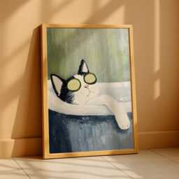 Black Tuxedo Cat Bathroom Print - Funny Spa Wall Art, Relaxing Bath Poster, Oil Painting Style Pet Decor, Gift, Dark Humour Art - thumbnail 2