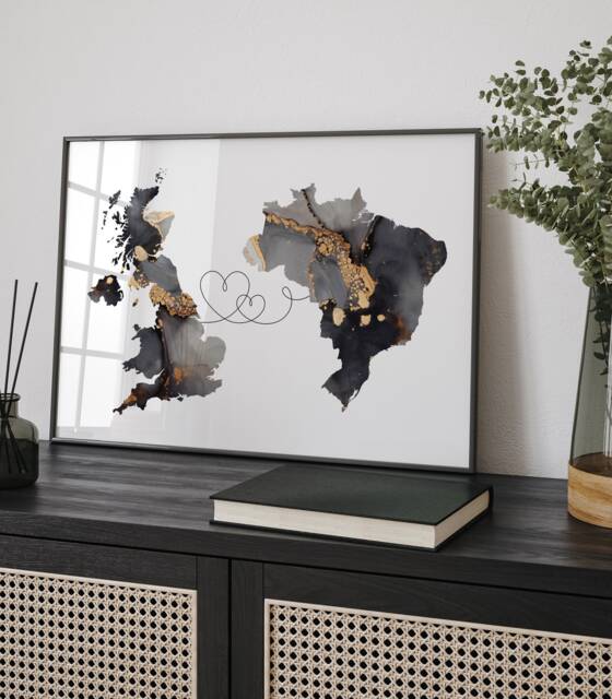Britain & Brazil Map Black & Gold Travel Wall Art Print - United Kingdom UK - image 1