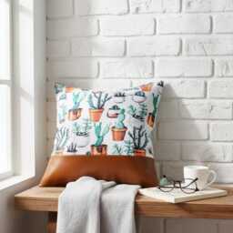 Cactus Watercolor Pillow Cover Faux Leather Accent, Bohemian Decor
