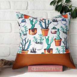 Cactus Watercolor Pillow Cover Faux Leather Accent, Bohemian Decor - thumbnail 3