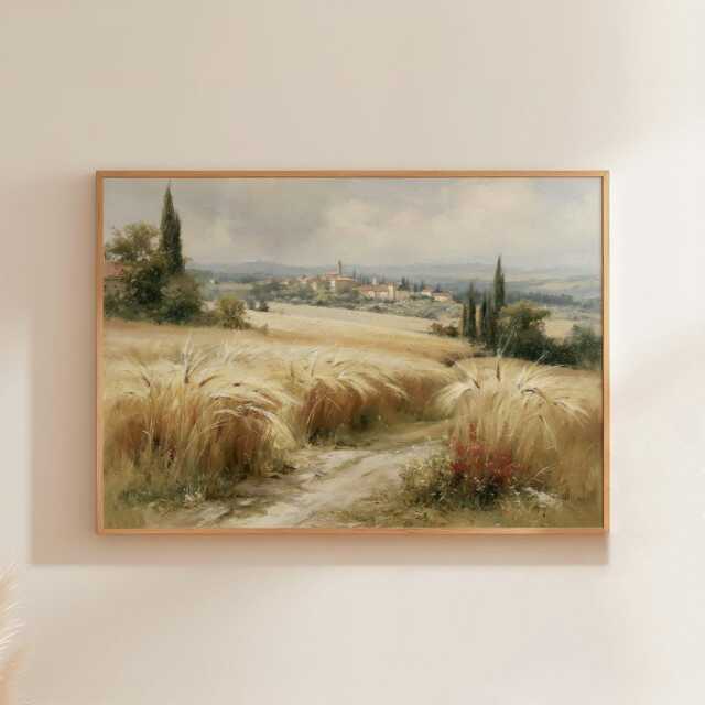 Wheat Field Poster, Village Landscape Print, Country Wall Art, Paper - image 1