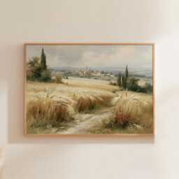 Wheat Field Poster, Village Landscape Print, Country Wall Art, Paper - thumbnail 1