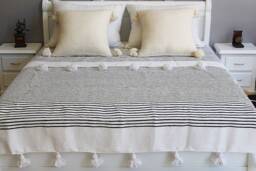 Moroccan Black & White Pom Throw Blanket With Tassels - Duvet Cover Made From Hand Woven Cotton Sofa Bed End - thumbnail 1
