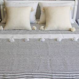 Moroccan Black & White Pom Throw Blanket With Tassels - Duvet Cover Made From Hand Woven Cotton Sofa Bed End - thumbnail 4