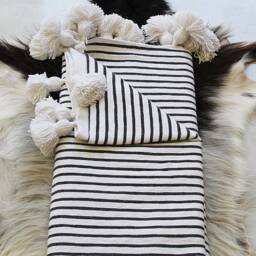 Moroccan Black & White Pom Throw Blanket With Tassels - Duvet Cover Made From Hand Woven Cotton Sofa Bed End - thumbnail 2