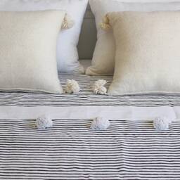 Moroccan Black & White Pom Throw Blanket With Tassels - Duvet Cover Made From Hand Woven Cotton Sofa Bed End - thumbnail 3