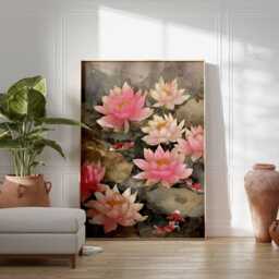 Lotus & Koi Fish Art Print, Japanese Floral Wall Decor - thumbnail 4