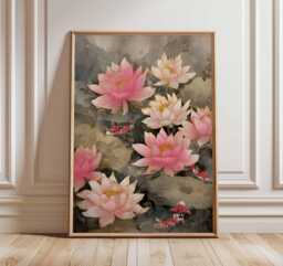 Lotus & Koi Fish Art Print, Japanese Floral Wall Decor