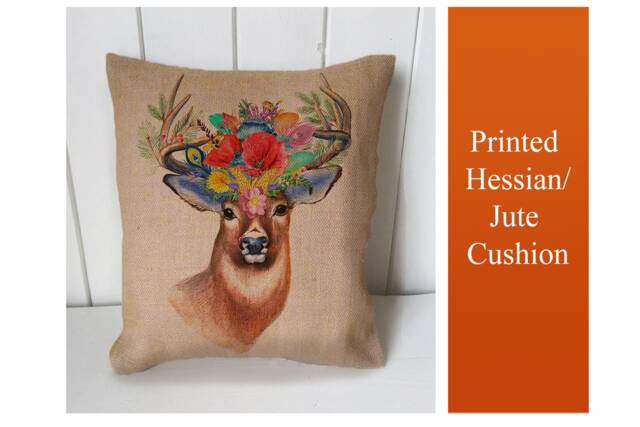 Deer Flowers Stag Head - Cushion Fabric Panel Or Case Or With Filling Rustic Natural Jute Burlap Hessian