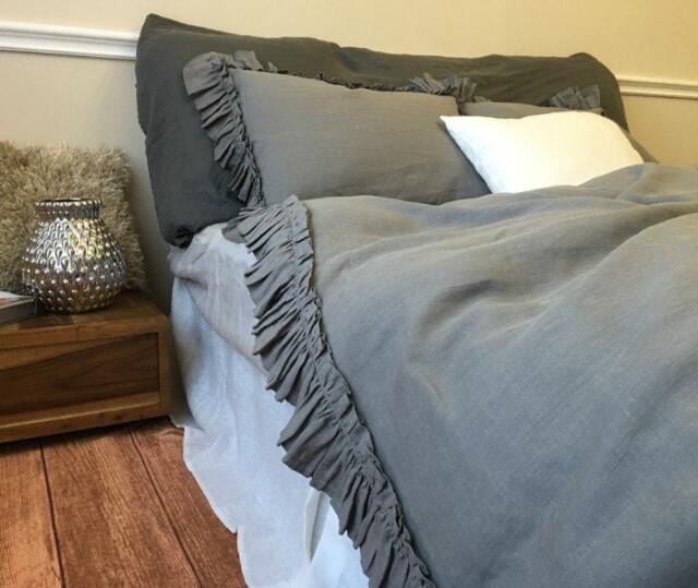 Medium Grey Ruffled Duvet Cover Handmade With Vintage Ruffle Style, Linen Bedding, Shabby Chic Grey Bedding - image 1