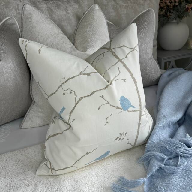Sanderson Birds Design Cushion Cover, Scatter Pillow Stunning Designer Dawn Chorus Fabric , Ivory - Blue - image 1
