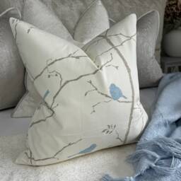 Sanderson Birds Design Cushion Cover, Scatter Pillow Stunning Designer Dawn Chorus Fabric , Ivory - Blue - thumbnail 4