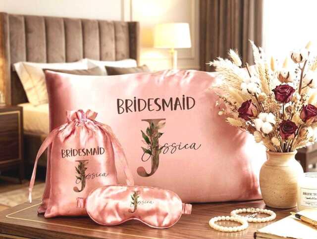 Personalised Bridesmaid Gift Set Rose Gold Satin Pillowcase, Eye Mask & Bag Botanical Proposal - image 1