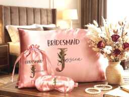 Personalised Bridesmaid Gift Set Rose Gold Satin Pillowcase, Eye Mask & Bag Botanical Proposal