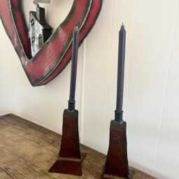 Taper Candle Stands A Set Of Holiday Tablescape Candleholders in Rust Metal - thumbnail 3