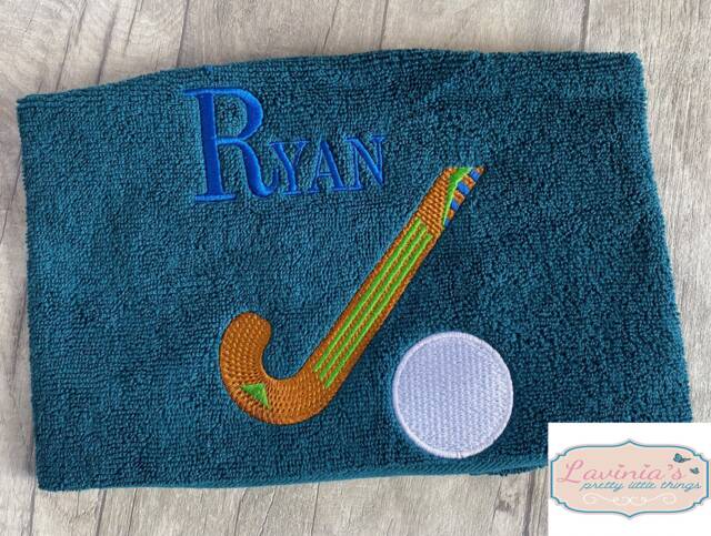 Personalised Hockey Towel, Embroidered Stick, Ball Custom Stick Name Sports Towel Name, Gifts - image 1