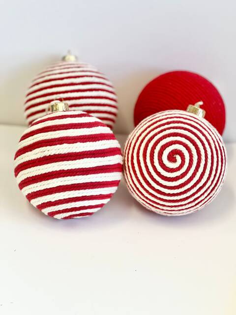 Handmade Yarn Christmas Ornaments Rustic Red & White Balls, Set Of 4 - image 1