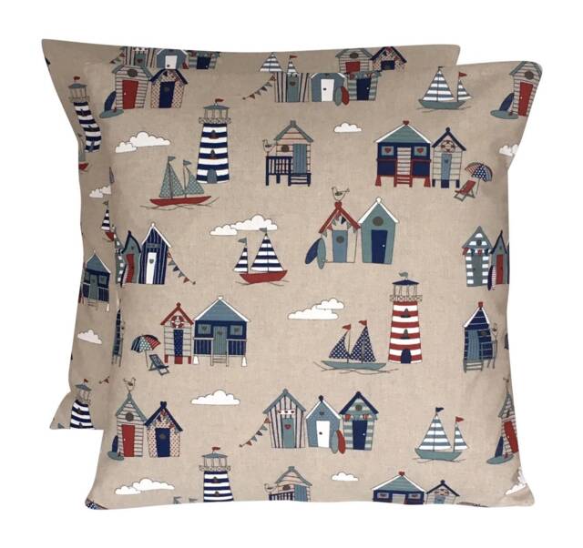 "2 X Linen Look Beach Hut Print Cushion Covers 16"" 18"" 20"" 22" - image 1