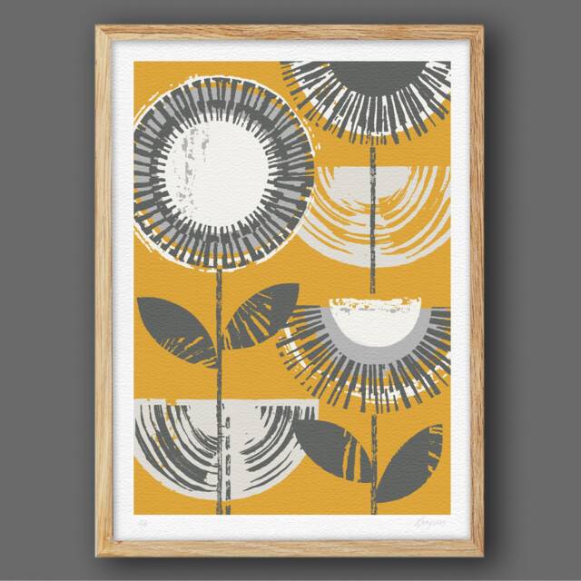 Abstract Flower Print, Mid Century Wall Decor, Scandinavian Mustard Art, Modern & Grey, Unframed - image 1