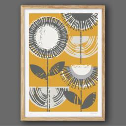 Abstract Flower Print, Mid Century Wall Decor, Scandinavian Mustard Art, Modern & Grey, Unframed - thumbnail 1