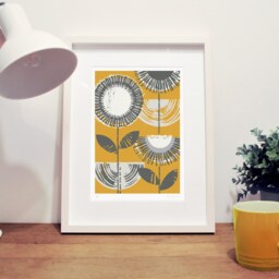 Abstract Flower Print, Mid Century Wall Decor, Scandinavian Mustard Art, Modern & Grey, Unframed - thumbnail 2