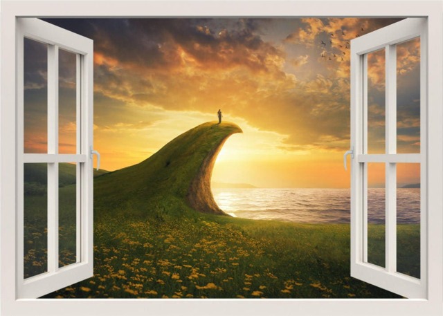 Sunset Wall Decal, Top Of The Cliff Mural, Sticker, Nature 3D Window View Home Living Room Decor