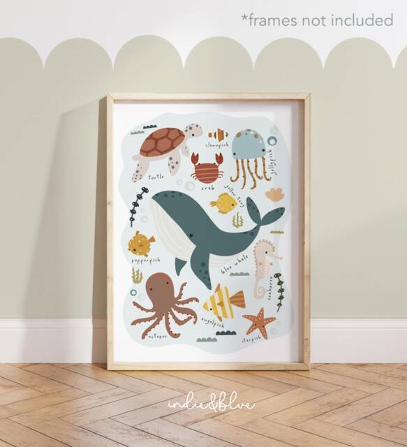 Sea Animals Unframed Poster, Whale Octopus Jellyfish, Under The Ocean Nursery Print, Boy Bedroom Decor - image 1
