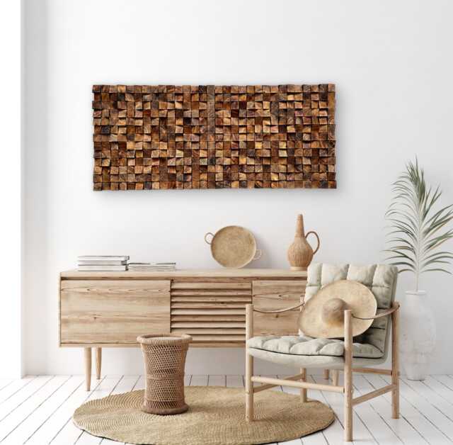 Reclaimed Pine Wood Mosaic Wall Art - Handcrafted Natural Cubes - image 1