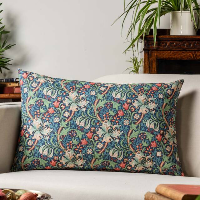 William Morris Golden Lily Xl Rectangular Cushion in Sapphire Blue. Vintage Arts & Crafts Style Botanical & Floral Print. 23X15 - image 1