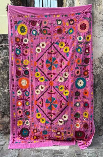 Velvet Suzani Throw - Pink Bohemian Embroidered Sofa Bed Blanket - image 1